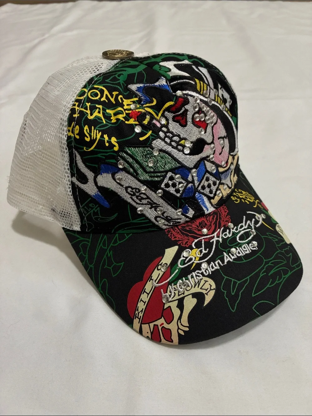 Don Ed Hardy Skull Dice Baseball Cap Trucker Hat Snapback Rhinestone Bling